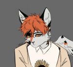  anthro clothed clothing eyebrows feathers felid feline flower fur hair hi_res inner_ear_fluff koiren looking_at_viewer male mammal orange_eyes orange_hair pink_nose plant portrait simple_background solo sunflower tuft unknown_character watermark white_body white_fur wings 