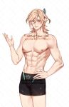  1boy abs black_male_swimwear blonde_hair feathers genshin_impact hand_up highres kaveh_(genshin_impact) male_focus male_swimwear muscular muscular_male navel nipples pale_skin red_eyes rourouki smile topless_male 