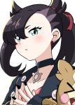  1girl :o asymmetrical_bangs black_choker black_hair black_jacket black_nails blush choker earrings emapippi green_eyes highres jacket jewelry marnie_(pokemon) morpeko morpeko_(full) open_mouth own_hands_together pokemon pokemon_(creature) pokemon_(game) pokemon_swsh simple_background stud_earrings twintails undercut upper_body white_background 