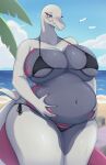  anthro belly big_belly big_breasts bikini breasts clothed clothing countershade_scales countershading digital_media_(artwork) female generation_7_pokemon hi_res huge_breasts looking_at_viewer multicolored_body multicolored_scales navel nintendo non-mammal_breasts outside overweight overweight_anthro overweight_female pink_body pink_countershading pink_scales pokemon pokemon_(species) pupils reptile salazzle sand scales scalie seaside shano_541 shiny_pokemon sky solo swimwear tail thick_thighs tongue tongue_out water white_body white_scales wide_hips 