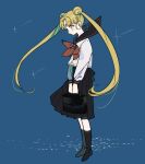 1girl bishoujo_senshi_sailor_moon black_footwear black_sailor_collar black_skirt blonde_hair blue_background bow bowtie briefcase double_bun expressionless floating_clothes from_side full_body hair_bun holding holding_briefcase long_hair pleated_skirt red_bow red_bowtie sailor_collar sailor_moon school_briefcase school_uniform shamko shirt simple_background skirt solo sparkle standing tsukino_usagi twintails white_shirt 