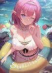  1girl ;) absurdres bare_shoulders bead_necklace beads bikini blue_eyes blurry breasts cleavage closed_mouth collarbone depth_of_field elysia_(honkai_impact) frilled_bikini frills hair_intakes hairband hand_up highres honkai_(series) honkai_impact_3rd index_finger_raised innertube jewelry large_breasts long_hair looking_at_viewer necklace ocean one_eye_closed pink_hair pink_pupils pointy_ears rubber_duck shengkai167 smile solo swimsuit very_long_hair water white_bikini white_hairband 