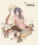  ! +_+ 1girl :o anger_vein bad_id black_hair blush_stickers closed_mouth commentary_request copyright_name expressionless fox full_body goblin_(ragnarok_online) goblin_mask hair_ornament hair_stick hanbok holding holding_umbrella kitsune korean_clothes litter_(vehicle) long_hair looking_at_viewer masked medium_bangs musical_note nine_tail_(ragnarok_online) parasol pink_hanbok ragnarok_online red_eyes sohee spoken_anger_vein spoken_exclamation_mark spoken_squiggle squiggle umbrella yuiha_(zenmaishikibanshogi) 