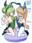 2girls absurdres alternate_costume arms_behind_back bare_shoulders black_footwear blonde_hair bow bowtie breasts bukimi_isan copyright_name detached_collar double_bun green_bow green_bowtie green_hair grin hair_between_eyes hair_bun hand_up highres kfufu_(shy) kneeling lenya_andranof looking_at_viewer multiple_girls orange_eyes pantyhose playboy_bunny ponytail shiny_skin shoes shy_(series) simple_background small_breasts smile teeth thighhighs translation_request v white_background white_pantyhose white_thighhighs wrist_cuffs 