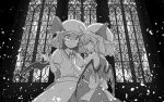  2girls back_bow bat_wings bow brooch closed_mouth collared_shirt cowboy_shot flandre_scarlet frilled_shirt frilled_shirt_collar frilled_sleeves frills greyscale hair_between_eyes hat highres indoors jewelry looking_at_another medium_hair mob_cap monochrome multiple_girls puffy_short_sleeves puffy_sleeves remilia_scarlet shirt short_sleeves skirt sleeve_ribbon stained_glass sunatoshi touhou vest wings 