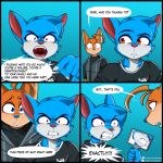  4_panel_comic anthro blue_background blue_body blue_fur cheek_tuft clenched_teeth clothing dialogue domestic_cat duo english_text facial_tuft fangs felid feline felis fur half-closed_eyes hi_res humor jay-r jay-r_(character) leo_(jay-r) male mammal mirror mirror_reflection multicolored_body multicolored_fur narrowed_eyes open_mouth orange_body orange_fur reflection shirt simple_background sleeveless_hoodie speech_bubble t-shirt tan_body tan_fur teeth text topwear tuft two_tone_body two_tone_fur white_body white_fur wide_eyed 
