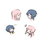  2girls asahina_yuni blue_hair chibi chinese_commentary closed_mouth commentary_request eye_contact haoxiangkan_nutong kyou_wa_kanojo_ga_inai_kara long_hair looking_at_another medium_hair multiple_girls multiple_views open_mouth pink_hair simple_background surprised taki_fuuko upper_body white_background wolf_cut |_| 