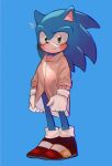  1boy animal_ears animal_nose blue_background blue_fur blush brown_shirt closed_mouth collared_shirt english_commentary full_body furry furry_male gloves green_eyes hedgehog hedgehog_ears hedgehog_tail highres long_sleeves looking_at_viewer male_focus red_footwear shirt shoes simple_background smile sneakers socks solo sonic_(series) sonic_the_hedgehog standing tail white_gloves white_socks wing_collar xammyoowah 
