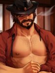  1boy absurdres bara bare_pectorals beard black_hair cassidy_(overwatch) cigar cowboy_hat day facial_hair hat highres large_pectorals male_focus muscular muscular_male navel nipples open_clothes open_shirt outdoors overwatch overwatch_1 pectorals red_shirt rjay_(rjay_owo) shirt short_hair solo 