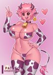  &lt;3 absurd_res animal_humanoid animal_print ashido_mina bovid bovid_humanoid bovine bovine_humanoid breasts cattle_humanoid cleavage clothed clothing cow_print female gesture hair hi_res horn horned_humanoid humanoid mammal mammal_humanoid my_hero_academia nauth open_mouth open_smile pink_body pink_hair smile solo v_sign 
