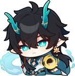  1boy antenna_hair arm_behind_back black_hair chibi chinese_clothes closed_mouth colored_inner_hair dan_heng_(honkai:_star_rail) dan_heng_(imbibitor_lunae)_(honkai:_star_rail) detached_sleeves dragon_boy dragon_horns earrings english_commentary fingerless_gloves gloves green_eyes green_gloves green_horns hair_between_eyes honkai:_star_rail honkai_(series) horns jewelry long_hair long_sleeves looking_at_viewer male_focus multicolored_hair official_art open_hand orb pectoral_cleavage pectorals pointy_ears red_eyeliner single_earring solo transparent_background upper_body v-shaped_eyebrows yin_yang yin_yang_orb 