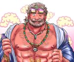  1boy bara bare_pectorals bead_necklace beads bear_necklace beard chain_necklace chest_hair dark-skinned_male dark_skin eyewear_on_head facial_hair grey_hair hairy japanese_clothes jewelry judi_(housamo) kimono large_pectorals looking_at_viewer male_focus mature_male muscular muscular_male mustache necklace old old_man one_eye_closed open_clothes open_kimono pectorals pikako182 pink-framed_eyewear solo sunglasses thick_eyebrows tokyo_afterschool_summoners undressing wrinkled_skin 