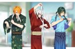  3boys black_hair blurry blurry_background dressing green_hair hair_over_one_eye highres idolmaster idolmaster_side-m japanese_clothes kimono kitamura_sora kiyosumi_kuro male_focus multicolored_hair multiple_boys orange_hair outside_border short_ponytail sunyack tasuki tsukumo_kazuki white_hair 