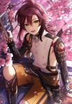  1boy armpits bishounen book cherry_blossoms cowboy_shot genshin_impact green_eyes highres japanese_clothes looking_at_viewer male_focus on_roof outdoors red_hair rooftop shikanoin_heizou short_hair sitting smile solo su34ma 