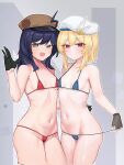  2girls absurdres ahoge beret black_gloves blonde_hair blue_bra blue_eyes blue_hair blue_panties blush bra breast_press breasts brown_headwear cabbie_hat chinese_commentary closed_mouth collarbone commentary_request cropped_legs fingerless_gloves girls&#039;_frontline girls&#039;_frontline_2:_exilium gloves hair_between_eyes half_gloves hand_up hat hat_feather heart heart_in_eye highres long_hair looking_at_viewer medium_breasts micro_bra multiple_girls nagant_revolver_(girls&#039;_frontline) navel open_mouth outline panties petite red_bra red_eyes red_panties ribs shenqi_xiaohuang sidelocks skindentation small_breasts smile stechkin_(girls&#039;_frontline) stomach symbol_in_eye symmetrical_docking underwear upper_body white_headwear white_outline 