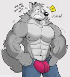  2023 abs anthro barazoku biceps biped black_nose bodily_fluids bottomwear bulge canid canine canis clenched_teeth clothed clothing cross-popping_vein dialogue digital_media_(artwork) english_text flying_sweatdrops fur grey_background grey_body grey_fur hi_res male mammal meme muscular muscular_anthro muscular_male navel nipples pants pecs ruffus_(ruffusbleu) ruffusbleu simple_background solo standing sweat sweatdrop tail talking_to_self teeth text tight_pants_(meme) topless underwear wolf 