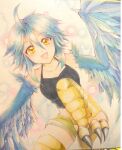  1girl :d ahoge bare_shoulders bird_legs black_tank_top blue_feathers blue_hair blue_wings blush breasts brown_shorts collarbone commission digitigrade feathered_wings feathers flying hair_between_eyes harpy knee_up light_blush light_particles looking_at_viewer marker_(medium) medium_breasts midriff monster_girl monster_musume_no_iru_nichijou open_mouth paper_texture papi_(monster_musume) short_hair short_hair_with_long_locks short_shorts shorts sidelocks smile solo talons tank_top traditional_media tsubasa_(kuromoka) white_background winged_arms wings yellow_eyes 