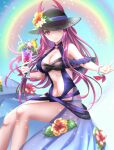  1girl backless_swimsuit bikini black_bikini center_opening cup drinking_straw fire_emblem fire_emblem_engage fire_emblem_heroes flower frilled_one-piece_swimsuit frills halterneck hat hibiscus highres holding holding_cup ivy ivy_(summer)_(fire_emblem) kakiko210 looking_at_viewer navel official_alternate_costume one-piece_swimsuit purple_eyes purple_hair purple_one-piece_swimsuit rainbow see-through_headwear sitting smile solo sun_hat swimsuit 