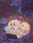  apple bag_of_chips bed blue_eyes blush blush_stickers brown_eyes cactus candy candy_wrapper chest_of_drawers chips_(food) clock closed_mouth cookie crumbs cup curtains cushion daruma_doll drinking_straw figure flower_pot food food_in_mouth fruit harukui highres indoors joy-con king_dedede kirby kirby_(series) lamp lying meta_knight mouth_hold night night_sky nintendo_switch no_humans on_stomach one_eye_closed pillow plant plate playing_games poster_(object) potato_chips potted_plant sky star_(sky) star_(symbol) star_pillow star_print starry_sky sticker video_game waddle_dee wall_clock warp_star window 