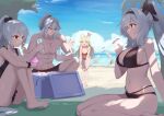  2boys 6+girls abs ahoge beach bikini black_bikini black_hairband black_one-piece_swimsuit black_shorts blonde_hair blurry blush bottle breasts character_request cleavage closed_eyes cloud cloudy_sky commentary_request grey_hair guardian_tales hairband halterneck high_ponytail highres holding holding_bottle irrwisch knees_up large_breasts leaning_forward long_hair looking_at_object looking_at_viewer multiple_boys multiple_girls muscular muscular_male navel ocean one-piece_swimsuit open_mouth ponytail red_bikini red_eyes short_ponytail shorts sitting sky summer swimsuit wariza water_bottle 