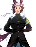 1girl alternate_costume animal_ears armband arms_behind_back black_coat breasts brown_hair buttons closed_mouth coat ear_piercing frown headband highres horse_ears horse_girl horse_tail large_breasts long_sleeves looking_at_viewer mejiro_ryan_(umamusume) multicolored_hair ouendan piercing pmoufu purple_eyes short_hair simple_background solo standing tail thick_eyebrows two-tone_hair umamusume upper_body white_background wind 
