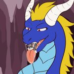  animated anthro blonde_hair bodily_fluids dragon drooling duo feral hair horn leoneal&#039;s male male/male mane mane_hair neck_bulge open_mouth red_eyes saliva size_difference story story_in_description swallowing tongue tongue_out vore workshop 