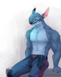  2023 4:5 alien anthro anthrofied biped black_eyes blue_body blue_fur blue_nose bottomwear clothing digital_media_(artwork) disney ear_markings experiment_(lilo_and_stitch) featureless_chest fur hi_res lilo_and_stitch male muscular muscular_anthro muscular_male navel notched_ear pants shakumi sitting smile smirk solo stitch_(lilo_and_stitch) text url 