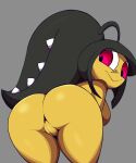  2023 bent_over big_butt black_body black_hair black_pupils breasts butt digital_media_(artwork) female generation_3_pokemon genitals greepurl grey_background hair hair_mouth hi_res humanoid looking_at_viewer looking_back looking_back_at_viewer mawile multicolored_body nintendo nude pokemon pokemon_(species) presenting presenting_hindquarters presenting_pussy pupils pussy rear_view red_eyes sharp_teeth side_boob simple_background smile solo standing teeth wide_eyed yellow_body 