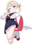  1girl :q absurdres backpack bag blonde_hair blue_skirt blunt_bangs blush crime_prevention_buzzer full_body green_eyes hair_ornament highres indie_virtual_youtuber jiryu50610218 long_sleeves looking_at_viewer one_eye_closed panties pantyshot pleated_skirt pom_pom_(clothes) pom_pom_hair_ornament randoseru school_uniform shigure_ui_(vtuber) shirt shoes simple_background skirt socks solo tongue tongue_out twintails underwear uwabaki virtual_youtuber white_background white_panties white_shirt white_socks 