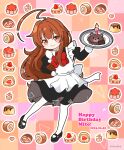  1girl ahoge alternate_costume apron black_dress black_footwear blush bow brown_eyes brown_hair cake cake_slice candle checkered_background closed_mouth commentary_request daifuku dated dress enmaided fire food frilled_apron frills fruit full_body hair_intakes hand_on_own_hip happy_birthday highres holding holding_tray ichigo_daifuku juliet_sleeves kantai_collection kuma_(kancolle) long_hair long_sleeves looking_at_viewer maid maid_apron mitya outline pantyhose puddle puffy_sleeves red_bow shoes solo strawberry swiss_roll translation_request tray twitter_username very_long_hair wagashi white_apron white_outline white_pantyhose 