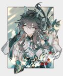  1boy black_gloves black_hair bug butterfly chinese_clothes dan_heng_(honkai:_star_rail) dan_heng_(imbibitor_lunae)_(honkai:_star_rail) dragon_boy dragon_horns fingerless_gloves gloves green_eyes green_horns highres honkai:_star_rail honkai_(series) horns long_hair long_sleeves male_focus official_alternate_costume official_alternate_hairstyle pointy_ears red_eyeliner shuiyuan solo upper_body water 