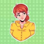  1girl artist_name blush breasts earrings green_background green_eyes highres jewelry lipstick makeup medium_hair penny_(stardew_valley) red_hair shirt simple_background siropeart small_breasts solo stardew_valley stud_earrings thick_eyebrows upper_body yellow_shirt 