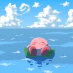  blue_sky blush_stickers closed_eyes cloud floating highres kirby kirby_(series) leaf miclot no_humans ocean pink_footwear reflection reflective_water shoes sky sleeping water 