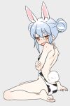  1girl alternate_costume animal_ear_fluff animal_ears animal_print bare_back barefoot blue_hair breasts cow_print double_bun embarrassed from_side gotou_(nekocat) grey_hair hair_bun hololive looking_at_viewer one-piece_swimsuit open_mouth orange_eyes rabbit_ears rabbit_girl rabbit_tail simple_background sitting solo swimsuit tail usada_pekora virtual_youtuber wariza 