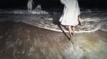  3girls barefoot beach footprints hat highres multiple_girls night nightgown ocean original outdoors playing sand sun_hat water white_nightgown xiaobanbei_milk 