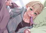  1girl black_camisole blonde_hair blue_nails breasts camisole cleavage earrings fang green_eyes hair_ornament hairclip highres indoors jacket jewelry kurumi_noah lying manicure nail_polish on_bed on_side pillow solo spaghetti_strap syurimp under_covers virtual_youtuber vspo! 