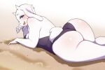  anthro big_butt boss_monster bovid breasts butt caprine clothed clothing female fur goat horn looking_at_viewer looking_back looking_back_at_viewer lying mammal mature_female on_front one-piece_swimsuit pakusta partially_clothed smile solo swimwear thick_thighs toriel undertale undertale_(series) white_body white_fur 