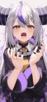  1girl ahoge black_choker black_coat brown_eyes choker coat double-parted_bangs fangs grey_hair highres hololive la+_darknesss long_hair long_sleeves looking_at_viewer multicolored_hair open_mouth purple_hair shirt solo streaked_hair thomas_8000 upper_body very_long_hair virtual_youtuber white_shirt 