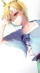  1girl antlers arm_up blonde_hair bloom blue_shirt collarbone dragon_horns flat_chest highres horns kicchou_yachie nnyara parted_lips red_eyes shirt short_hair short_sleeves sidelighting simple_background solo touhou white_background 