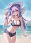  1girl bare_shoulders beach bikini bikini_top_only blush breasts cone_hair_bun dealesis genshin_impact hair_bun hair_ornament hat highres keqing_(genshin_impact) large_breasts long_hair looking_at_viewer nail_polish navel ocean open_fly outdoors purple_eyes purple_hair short_shorts shorts smile solo sun_hat swimsuit thighs twintails water 