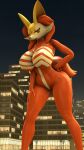 2023 3d_(artwork) 9:16 anthro braixen breasts city city_background digital_media_(artwork) featureless_breasts female fur generation_6_pokemon genitals hand_on_hip hand_on_leg hand_on_thigh hi_res looking_at_viewer nintendo open_mouth orange_body orange_eyes orange_fur orange_nose pokemon pokemon_(species) pokesymbiote pose pussy solo source_filmmaker standing symbiote white_body white_skin yellow_body yellow_skin 