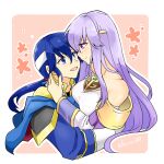  1boy 1girl bare_shoulders blue_cape blue_eyes breasts cape circlet fire_emblem fire_emblem:_genealogy_of_the_holy_war headband holding hug implied_incest jewelry julia_(fire_emblem) long_hair looking_at_another open_mouth ponytail purple_eyes purple_hair seliph_(fire_emblem) simple_background smile white_headband yukia_(firstaid0) 