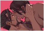  2boys bara blush closed_eyes couple facial_hair french_kissing from_side goatee hand_on_another&#039;s_neck highres jingle_chunshui large_pectorals male_focus mature_male multiple_boys muscular muscular_male nude pectorals pink_background short_hair sideburns sideburns_stubble stomach tongue tongue_out upper_body yaoi 