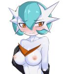  1girl alternate_color bahamosia black_gloves blue_hair blush bob_cut breasts closed_mouth collarbone colored_skin commentary commission elbow_gloves embarrassed english_commentary gardevoir gloves hair_between_eyes hand_up large_breasts looking_away looking_to_the_side mega_gardevoir mega_pokemon nipples nose_blush nude orange_eyes pokemon pokemon_(creature) second-party_source shiny_pokemon shiny_skin short_hair simple_background solo split_mouth sweat upper_body wavy_mouth white_background white_skin 