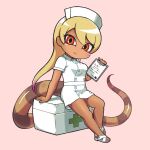  1girl alternate_costume blush clipboard collared_dress dress first_aid_kit gradient_hair hat highres hoshino_mitsuki japari_symbol kemono_friends kemono_friends_3 king_cobra_(kemono_friends) long_hair multicolored_hair nurse nurse_cap orange_eyes purple_hair red_eyes sandals short_sleeves snake_tail solo tail two-tone_eyes two-tone_hair white_dress white_footwear 