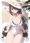  1girl arm_support ass_visible_through_thighs bare_shoulders beach black_choker black_hair blue_archive blurry blurry_foreground breasts brown_eyes brown_headwear choker cleavage collarbone commentary_request covered_navel depth_of_field flower hair_over_one_eye halo hat hat_flower heart highres hinata_(blue_archive) hinata_(swimsuit)_(blue_archive) large_breasts long_hair looking_at_viewer one-piece_swimsuit parted_lips sand sitting solo swimsuit synn032 thigh_gap very_long_hair water white_flower white_one-piece_swimsuit 