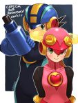  1boy 1girl arm_cannon black_hair blonde_hair blue_gloves blue_headwear bodysuit breasts closed_mouth gloves green_eyes helmet highres leotard long_hair looking_at_viewer mega_man_(series) mega_man_battle_network_(series) megaman.exe netnavi pink_bodysuit pink_headwear pink_leotard roll.exe_(mega_man) short_hair smile spiked_hair weapon 