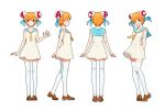  1girl :d acfun acfun_girl arms_behind_back bare_arms bare_shoulders blue_ribbon blue_sailor_collar blush brown_footwear bun_cover double_bun dress flat_chest full_body hair_bun hair_ribbon hand_up heel_up highres loafers multiple_views neckerchief official_art open_hand orange_eyes orange_hair reference_sheet ribbon sailor_collar sailor_dress shoes short_dress short_hair sleeveless sleeveless_dress smile standing teeth thighhighs turnaround upper_teeth_only white_background white_dress white_thighhighs yellow_neckerchief zettai_ryouiki 