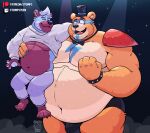  2023 animatronic anthro barefoot bear belly biceps big_belly black_background bottomwear bow_tie bracelet bulge carrying claws clothed clothing duo ear_piercing ear_ring embrace eyebrows feet five_nights_at_freddy&#039;s five_nights_at_freddy&#039;s:_security_breach fog fur glamrock_freddy_(fnaf) hair hat headgear headwear hi_res hug hyena jewelry looking_at_another machine male mammal markings moobs musclegut muscular muscular_anthro muscular_male navel obese obese_anthro obese_male open_mouth open_smile overweight overweight_anthro overweight_male pants patreon pawpads pecs piercing ring_piercing robot scottgames shoulder_pads simple_background smile spiked_bracelet spikes spotlight standing steel_wool_studios stompsthecroc sweater teeth thick_thighs tongue top_hat topless topless_anthro topless_male topwear tuft twitch.tv underwear underwear_only watermark 