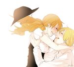  1boy 1girl black_headwear blonde_hair closed_eyes commentary_request crying curly_eyebrows facial_hair from_side goatee hat hat_loss long_hair matsuda_(louol) nami_(one_piece) one_piece open_mouth orange_hair sanji_(one_piece) short_hair short_twintails simple_background smile tears teeth twintails white_background 